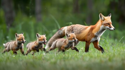 Fox Mother and Kits Engage in Playful Chases Across a Vibrant Meadow