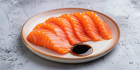 salmon sashimi with soy sauce on a plate, generative AI