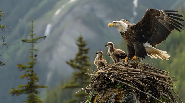 Mother Eagle Inspiring Fledglings' Inaugural Skyward Soar