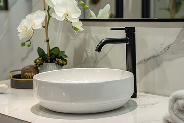 Modern minimalist style bathroom interior with a white round ceramic sink and a black faucet on a marble counter top, mirror above it, small flower pot in a tray beside in an isolated close up