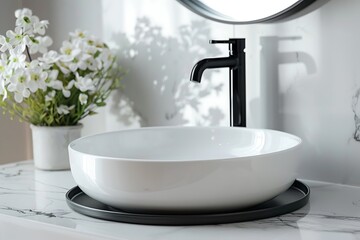 Modern minimalist style bathroom interior with a white round ceramic sink and a black faucet on a marble counter top, mirror above it, small flower pot in a tray beside in an isolated close up