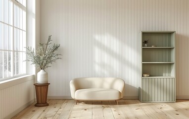 Modern minimalist yoga room interior with an empty wall mockup, light wooden floor and white walls with vertical stripes, a cozy beige sofa near a pastel green boho bookcase against a window