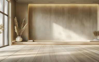 Modern minimalist yoga room interior with an empty wall mockup, light wooden floor and beige walls, in a modern design