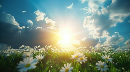Beautiful spring meadow with green grass and daisies, sunlight shining through the clouds. The sun is setting in front of a blue sky. A beautiful background for nature themes. generative AI - Powered by Adobe