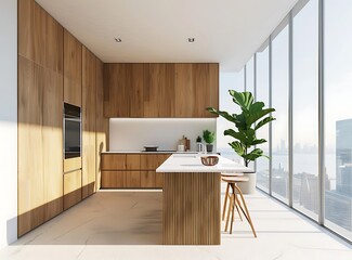 Modern minimalistic kitchen interior with wooden cabinets and white walls, large window with city view, island bar counter with two stools near wall, side angle