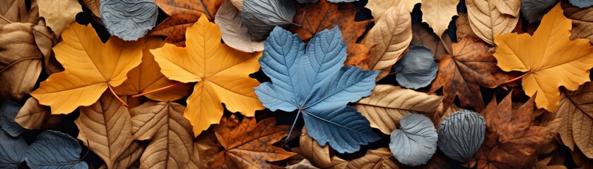 Fototapeta premium Colorful autumn leaves in blue, yellow, and brown hues create a beautiful seasonal backdrop for fall-themed projects and decorations.