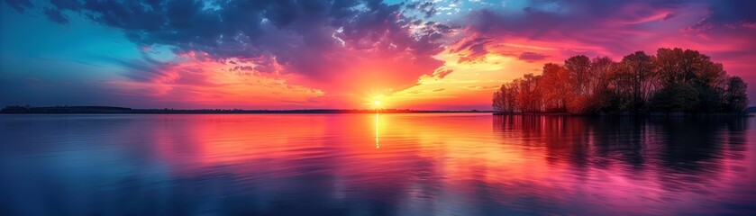 Obraz premium Stunning sunset over a calm lake with vibrant colors reflected in the water, trees silhouetted along the horizon, and dramatic clouds in the sky.