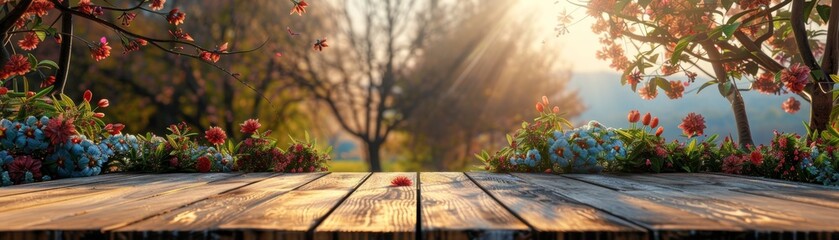 Sunlit autumn garden with a wooden table, vibrant red berries, and morning light filtering through...