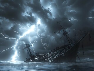 Turbulent Tempest Engulfs Shipwrecked Vessel in Raging Seas under Stormy Skies