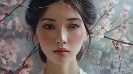 A portrait of unparalleled realism portrays a beautiful 23-year-old Sakai woman, her calm and natural demeanor radiating timeless elegance and grace.