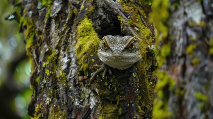 Fototapeta premium Camouflaged Lizard in Moss Covered Tree
