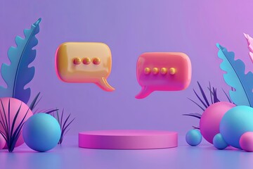 3d rendering of a chat bubbles on a podium with abstract background.