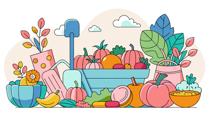 Colorful Illustration of Gardening and Healthy Eating Concept