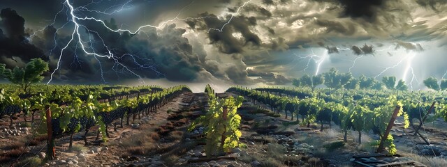 Naklejka premium Dramatic Thunderstorm Looming Over Serene Vineyard Landscape