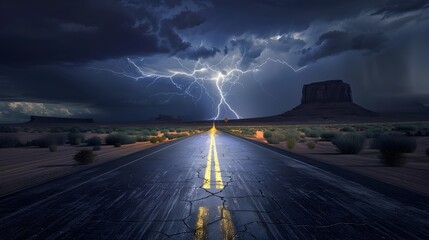 Dramatic Lightning Illuminates Lonely Desert Road in Thunderstorm
