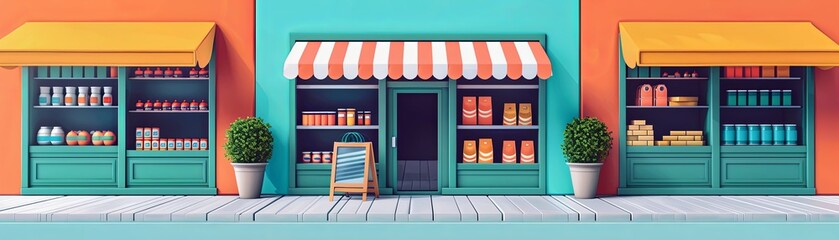 The image shows a colorful cartoon grocery store with a blue wall on left, orange wall on right and green awning on top. There are 3 windows and 2 doors.