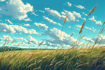 The image shows a field of wheat under a blue sky with white clouds.