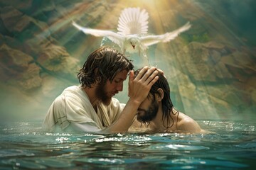 Sacred immersion: baptism of Jesus - John baptizes Jesus in the Jordan river, marking a pivotal moment of spiritual cleansing and divine affirmation.