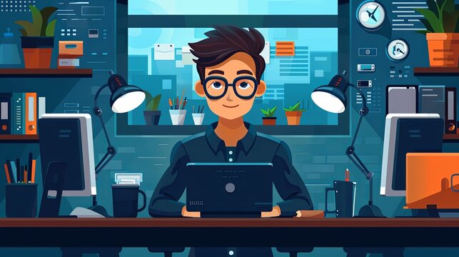 Young male programmer working on a laptop in a modern office.