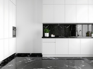 Modern white kitchen interior with black marble floor, side view of a minimalistic design and white cabinets with a sink on the right wall