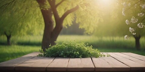 A Beautiful Background featuring Green Lush Young Foliage and Flowering Branches, with an Empty Wooden Table Set amidst Nature Outdoors in Sunlight. Perfect for Creating a Tranquil Atmosphere in a Gar