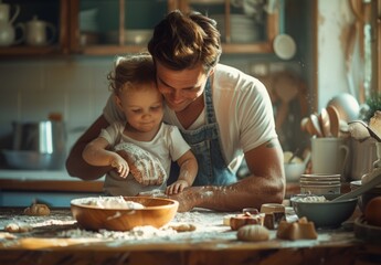 A warm, homey image of a father and child baking in the kitchen, with flour and cookie cutters spread out. The countertop offers a perfect spot for adding personalized text or greetings.