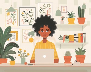Illustration of a young woman working on a laptop in a home office surrounded by plants and botanical artwork on the walls.