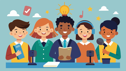 Each morning the student broadcasters bring a sense of unity and togetherness to the school as they inform entertain and inspire.. Vector illustration