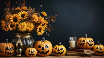 halloween background with the concept of a pumpkin in the shape of a face on a scary background