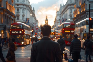 Businessman Commuting in Iconic London Street Amidst Crowded Crosswalk and Red Buses