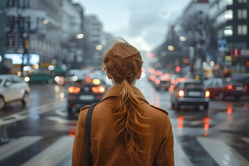 Urban Pursuits: Businesswoman Navigating the Dynamics of Berlin's Busy Intersection