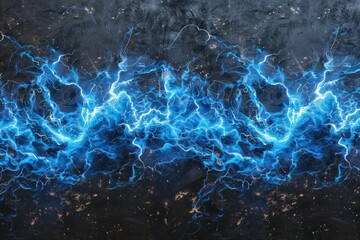 Electric Blue Lightning Bolt in the Air on Monochrome Background with Dark Clouds Powerful and Dynamic Energy Concept