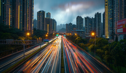 Fototapeta premium City street with cars and buildings at night. Generative AI