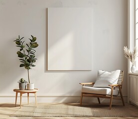 Photo mockup of a modern living room with a blank wall for artwork, sofa and armchair, wooden floor, plant in a vase on the table, side view with natural light from a window