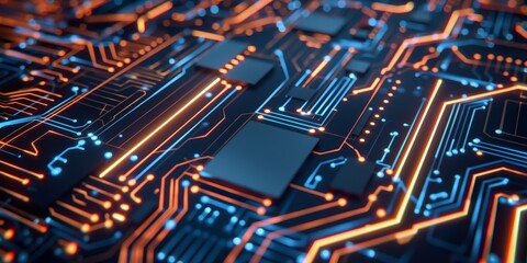 Close-up of a futuristic circuit board with glowing lines and elements, representing advanced technology and innovation in electronics.