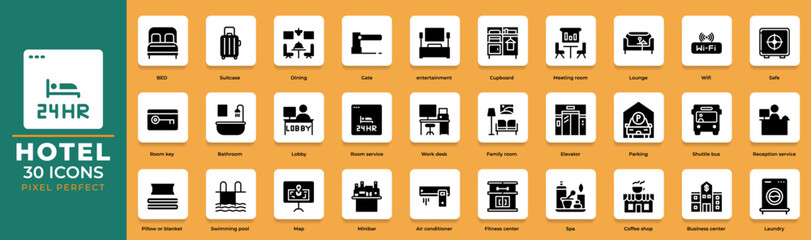 Set of hotel glyph icons. lobby, booking room, lounge. editable stroke collection and pixel perfect.