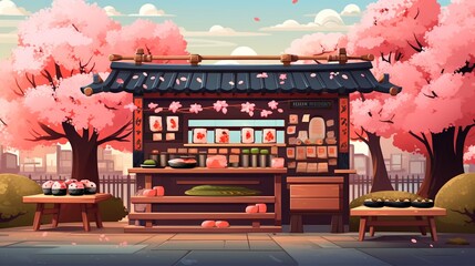 Japanese sushi stall, flat design, front view, cherry blossom festival theme, animation, vivid