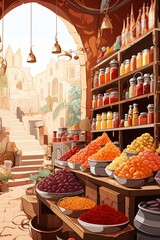 Middle Eastern market with spices and sweets, flat design, side view, lively bazaar theme, water color, monochromatic color scheme