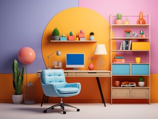 Minimalist home office for remote work, flat design, front view, virtual meeting theme, 3D render, triadic color scheme