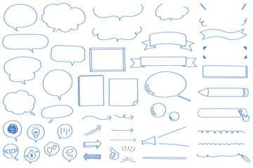手書き 青い線画の吹き出し&フレームのイラストセット