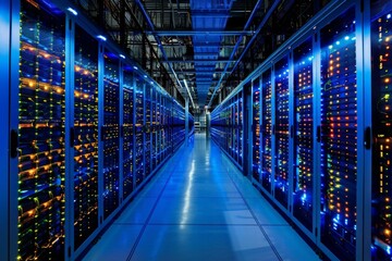 Rows of servers fill a long building hallway in a data center