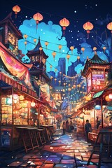 Night market with food stalls, flat design, front view, festive theme, water color, vivid
