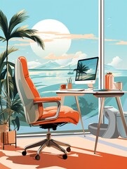 Remote work setup with ergonomic chair, flat design, side view, productive workspace theme, water color, complementary color scheme