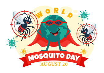 World Mosquito Day Vector Illustration on August 20th featuring a Midge that Can Cause Dengue Fever and Malaria in a Flat Style Cartoon Background
