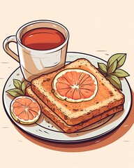 Simple breakfast with toast and tea, flat design, front view, quiet morning theme, animation, analogous color scheme