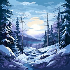 Snowy forest landscape, flat design, side view, winter wonderland theme, animation, complementary color scheme