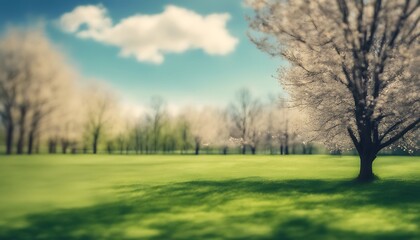Fototapeta premium A Beautiful Blurred Background of Spring Nature Featuring a Neatly Trimmed Lawn Surrounded by Trees Against a Blue Sky with Fluffy Clouds on a Bright Sunny Day. Perfect for Creating a Serene and Invit