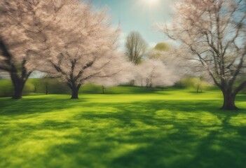 A Beautiful Blurred Background of Spring Nature Featuring a Neatly Trimmed Lawn Surrounded by Trees Against a Blue Sky with Fluffy Clouds on a Bright Sunny Day. Perfect for Creating a Serene and Invit