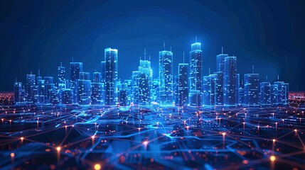 Fototapeta premium Smart City Wi-Fi Network: Low Poly Wireframe and Building Automatio