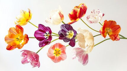 Fresh tulips in assorted colors floating on air, white background, capturing their vibrant and lively essence